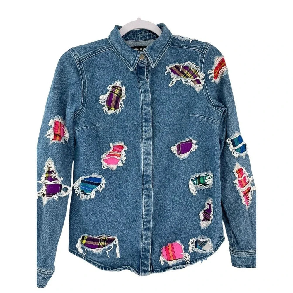 House of Holland Patchwork Denim Distressed Jean Shirt Snap size US 2 - Picture 3 of 13